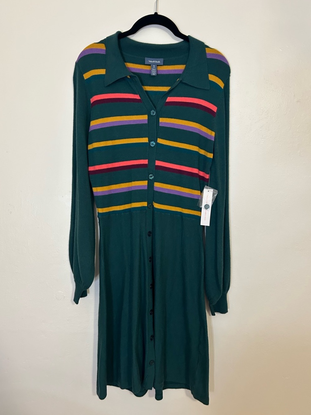 ModCloth Green Button-Down Sweater Dress with Multicolor Stripes NWT